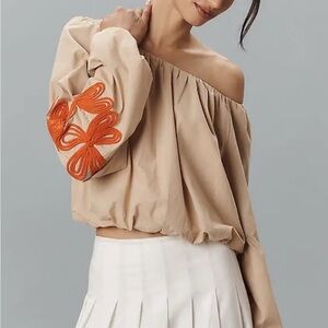 Off-Shoulder Beige Top with Orange Embroidery